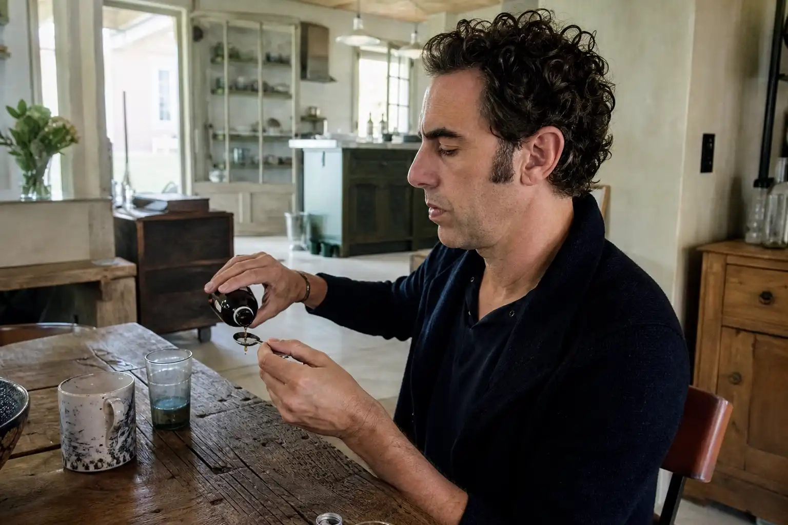 Quelqu'un dose quelque chose, autour de sacha baron cohen, près d'une table en bois.
