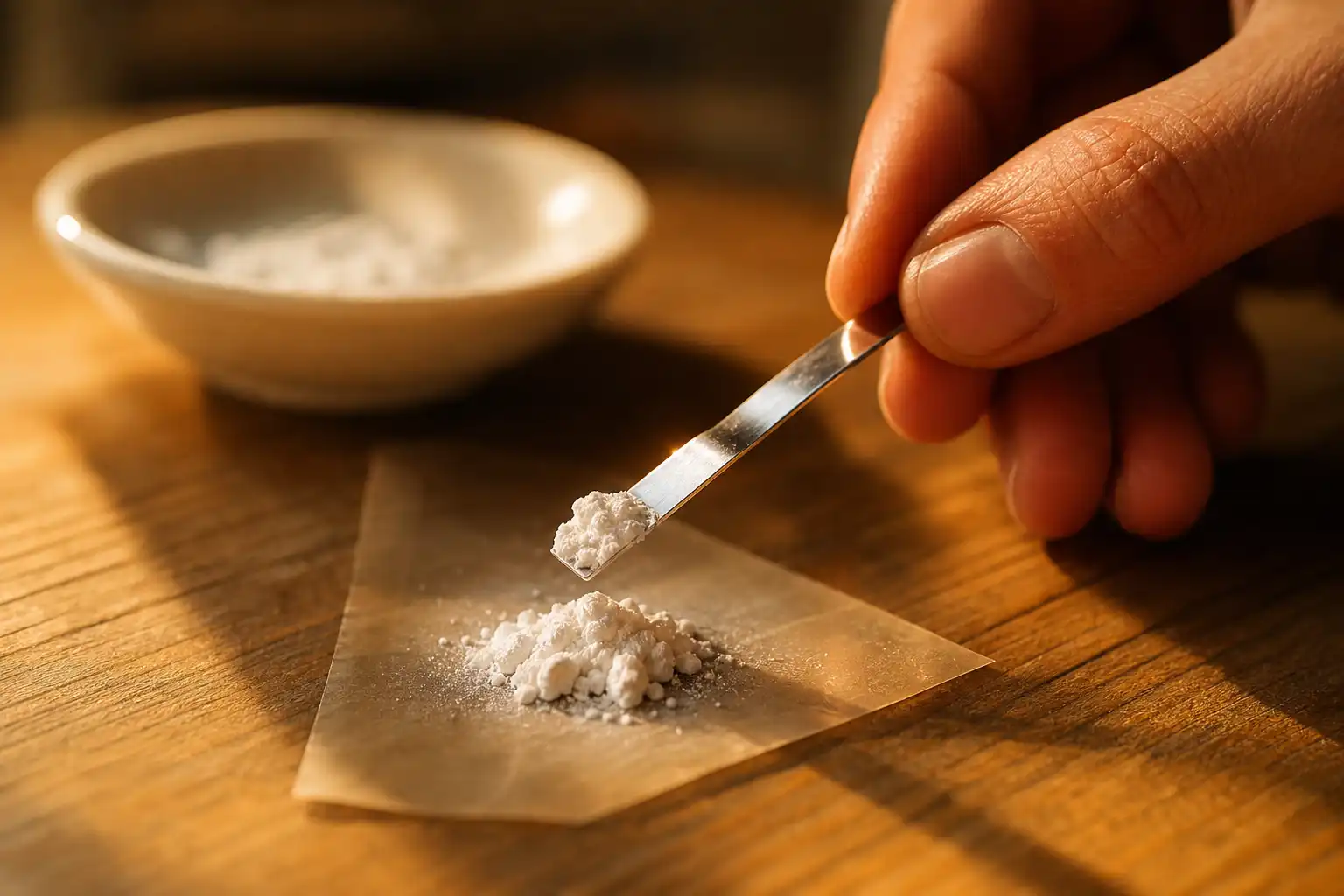Des mains dosent quelque chose, autour de bromo diméthoxyphénéthylamine fiche, dans une cuisine.