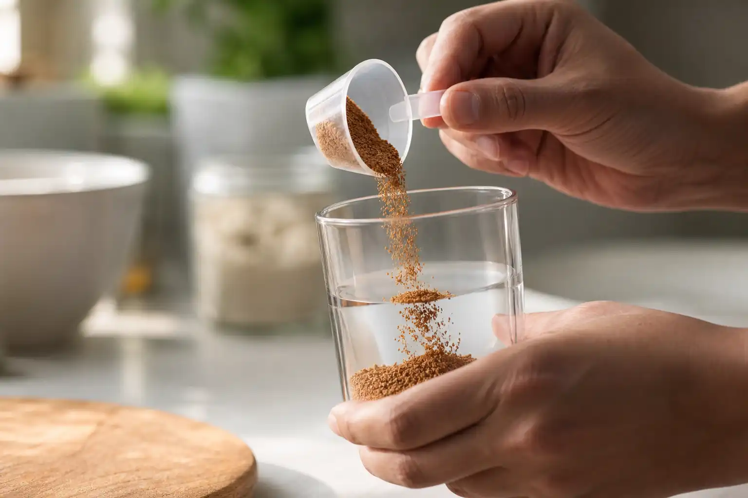 Des mains dosent quelque chose, autour de quick hit juillet, dans une cuisine.