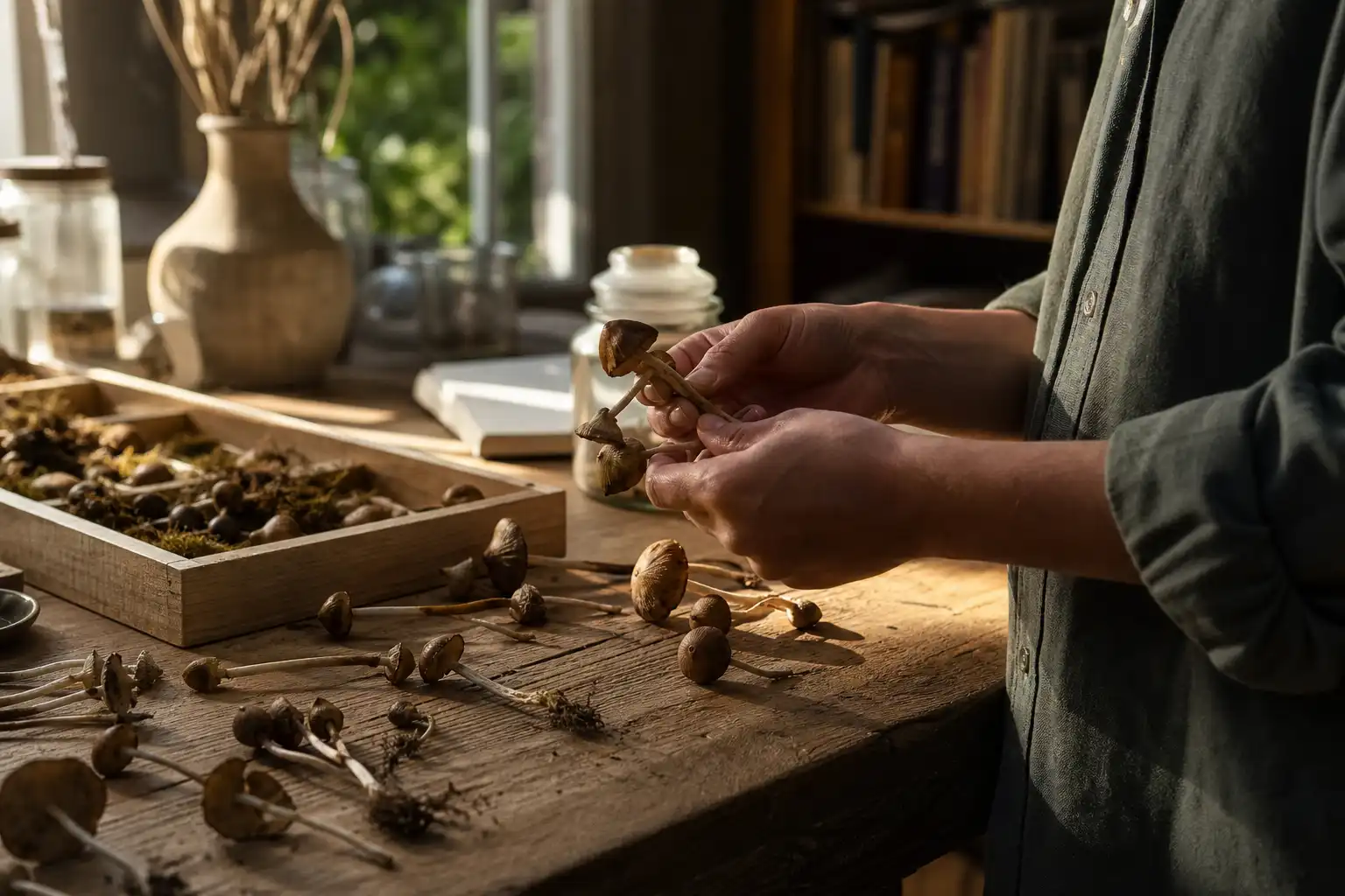 Quelqu'un manipule un objet, autour de gattung panaeolus düngerling, près d'une table en bois.
