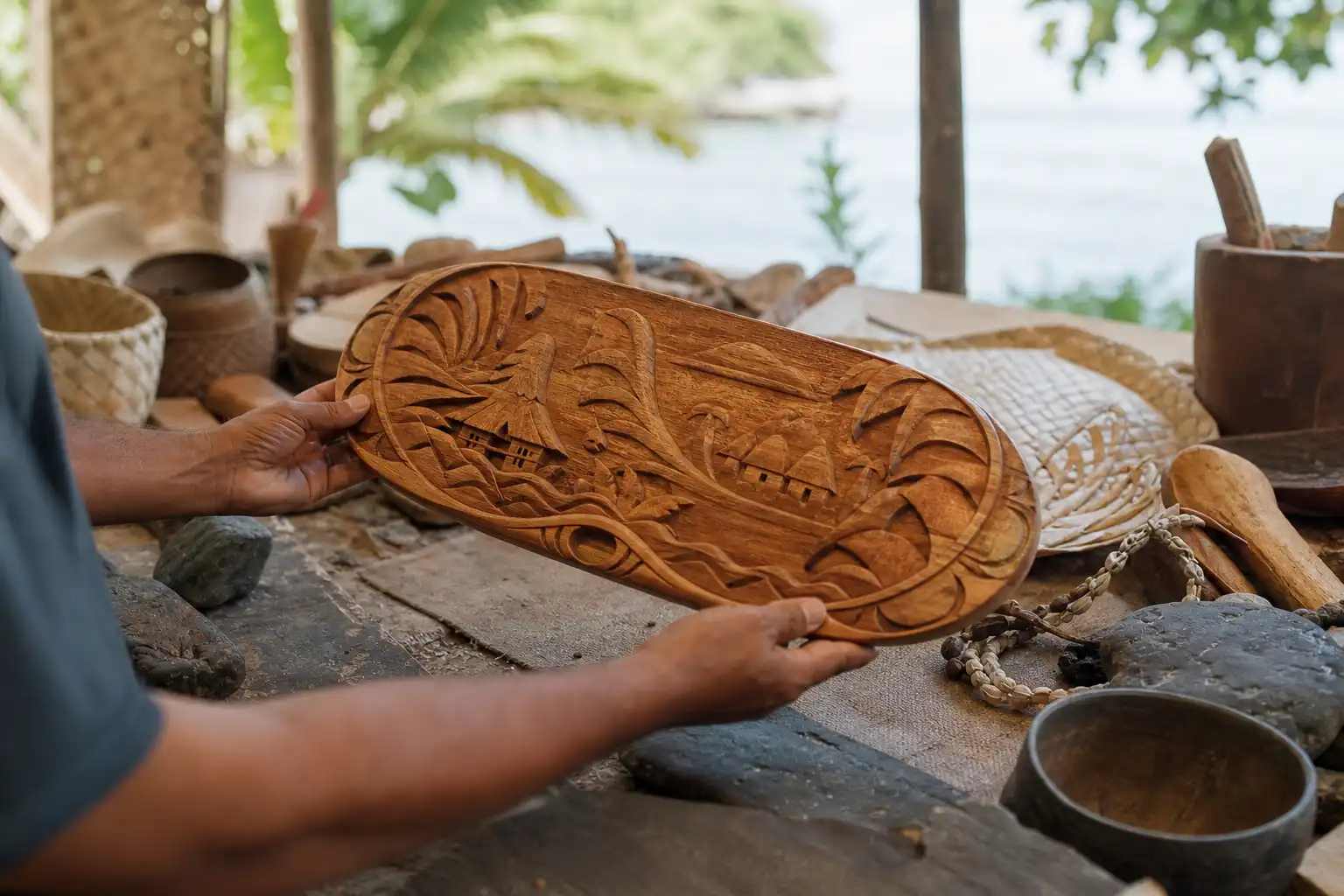 Quelqu'un examine un objet, autour de polynésie française enfin, dans un atelier.