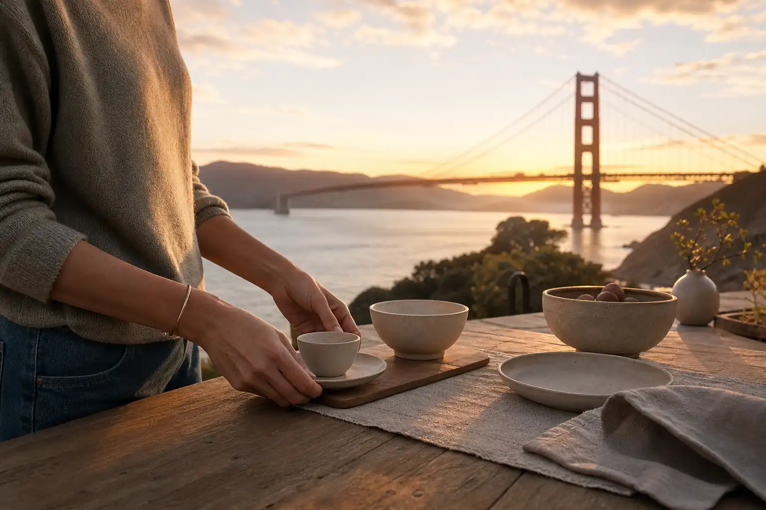 Quelqu'un dispose un objet, autour de san francisco autorise, près d'une table en bois.