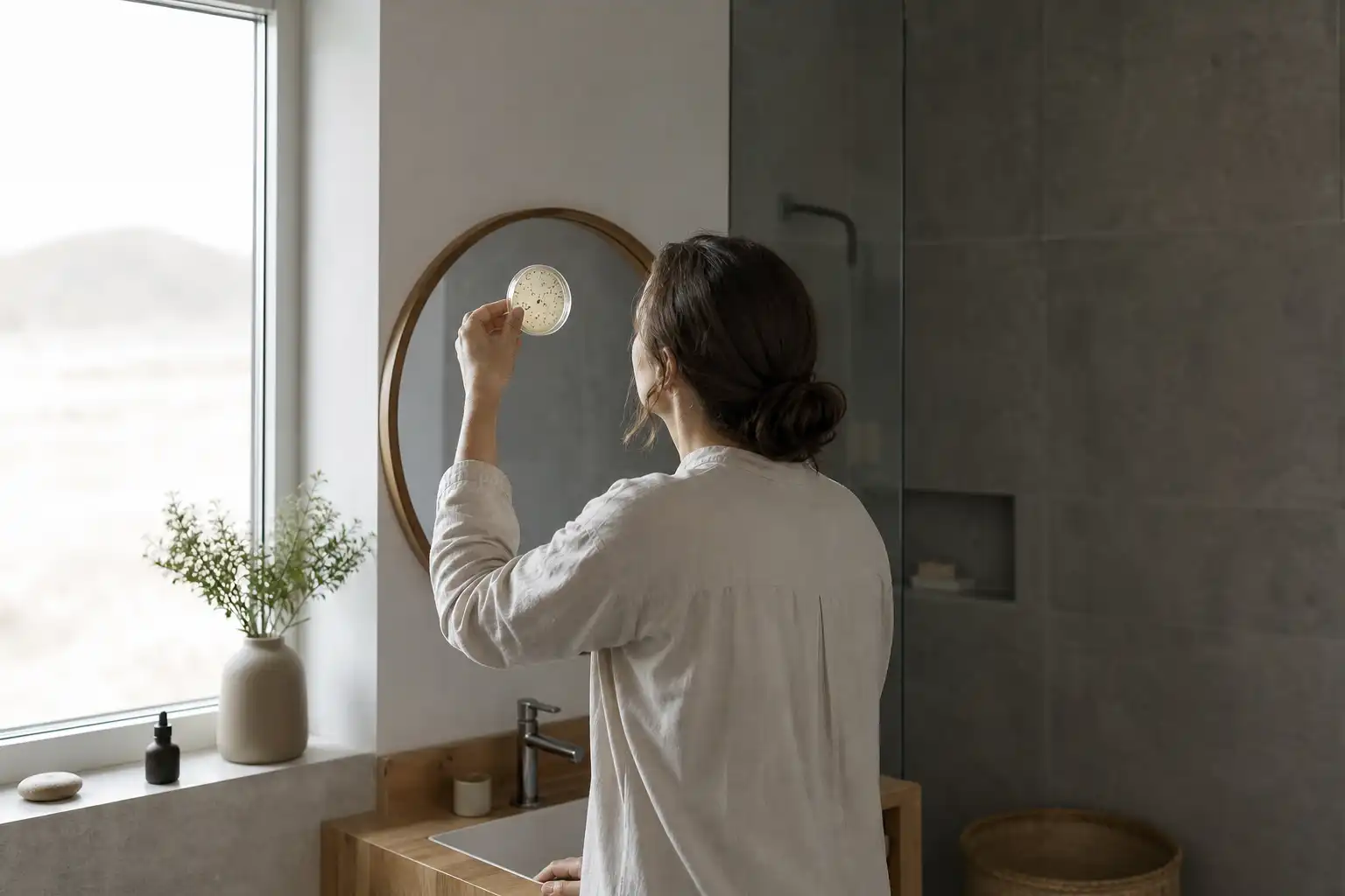 Quelqu'un examine un objet, autour de points considérer culture, dans une salle de bain.