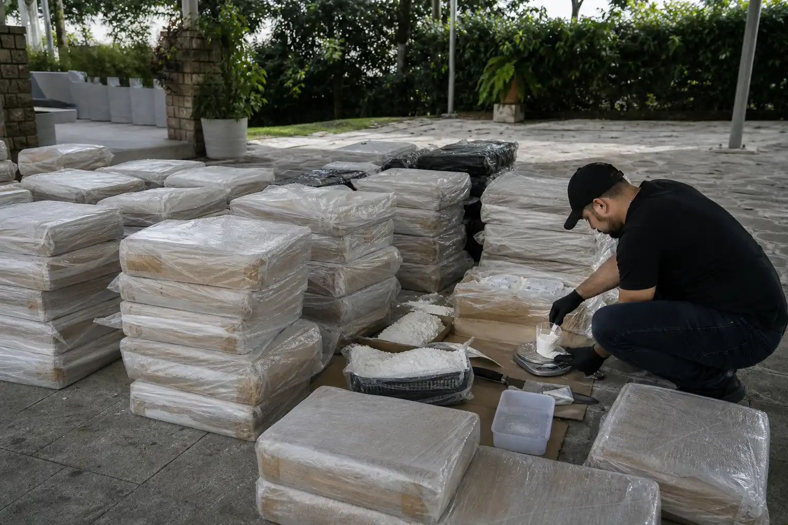 Quelqu'un dose quelque chose, autour de tonnes cocaïne saisies, dans un jardin.