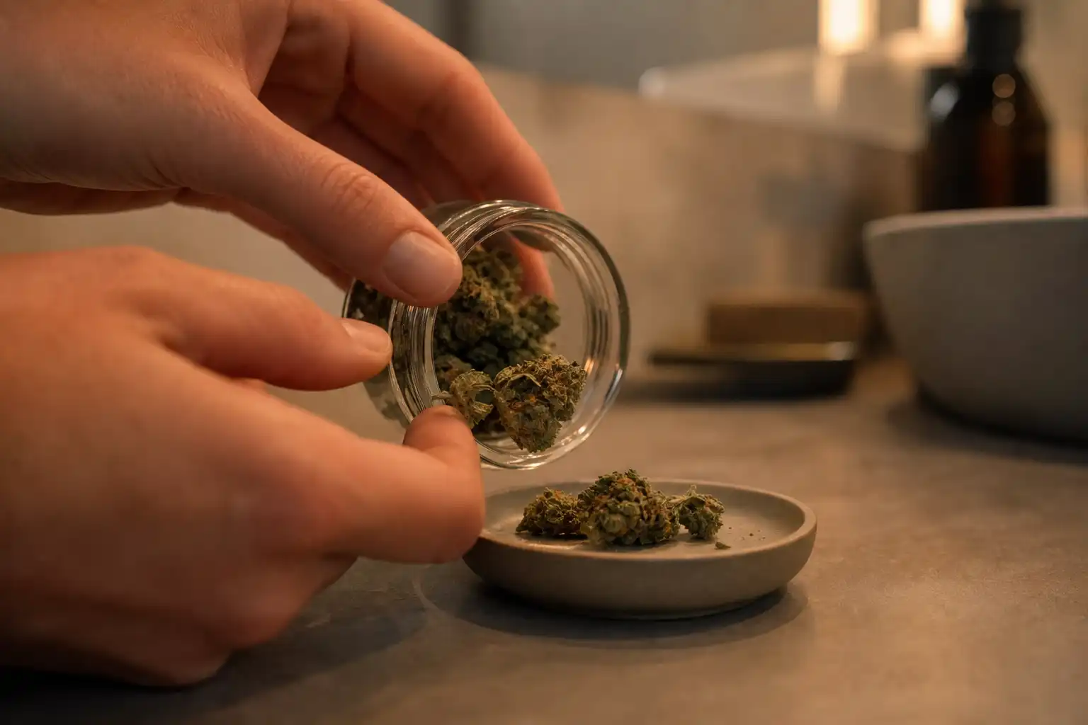 Des mains préparent quelque chose, autour de grammes cbd changer, dans une salle de bain.