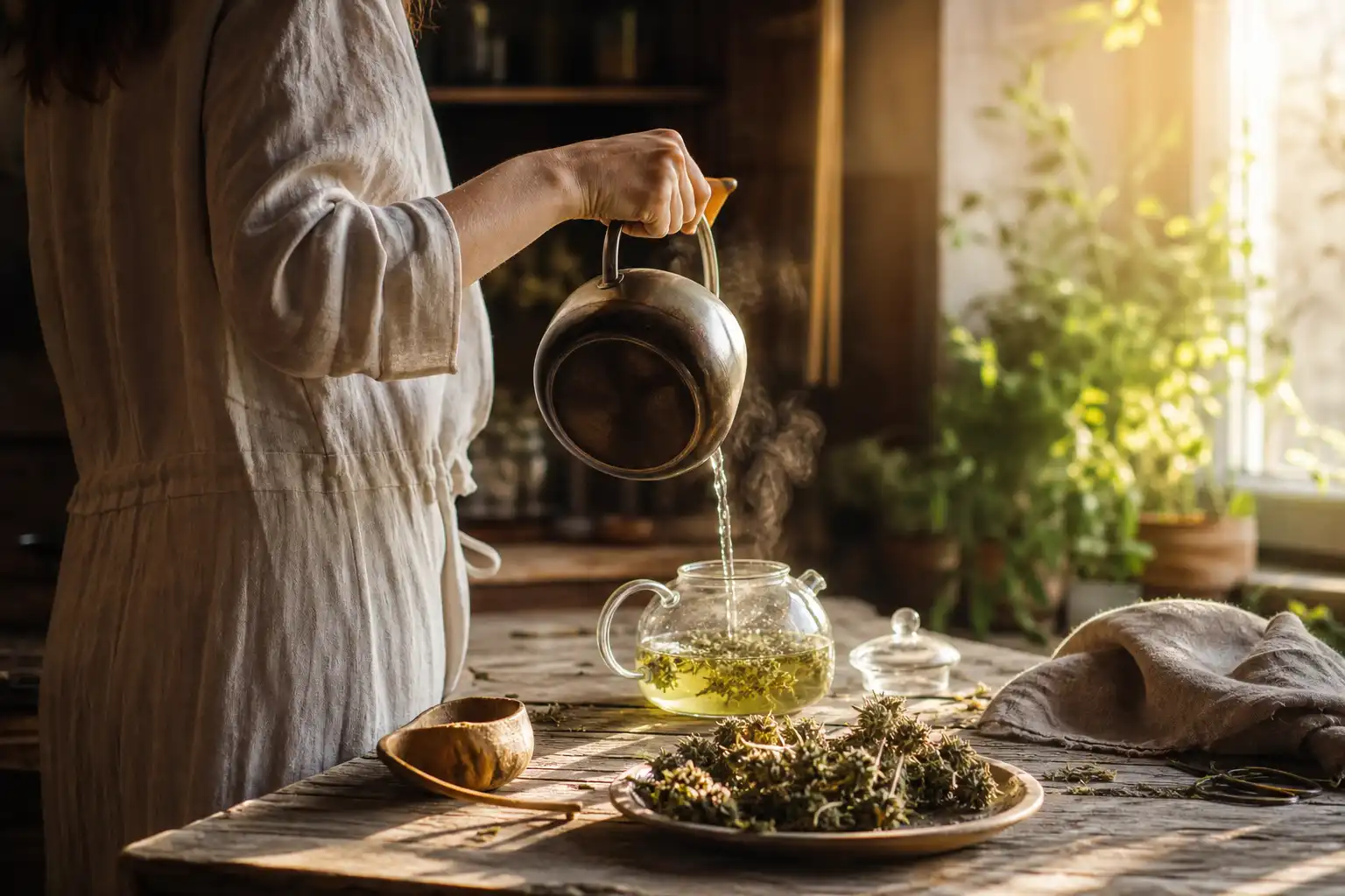 Quelqu'un prépare quelque chose, autour d'une infusion de chanvre et ses fleurs séchées, près d'une fenêtre.