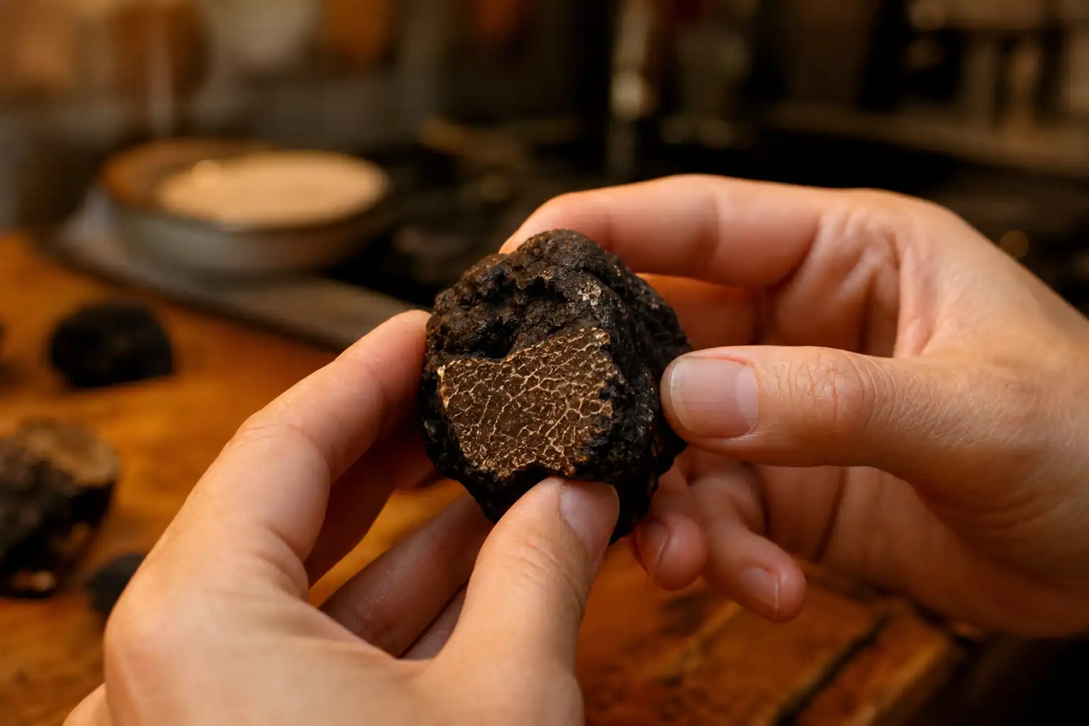 Des mains examinent un objet, autour d'actualités, dans une cuisine.