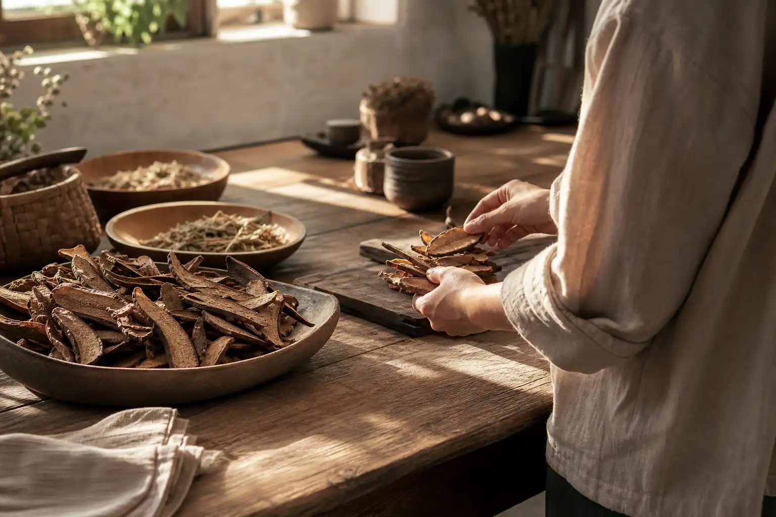 Quelqu'un prépare quelque chose, autour d'eagle bill choses, près d'une table en bois.