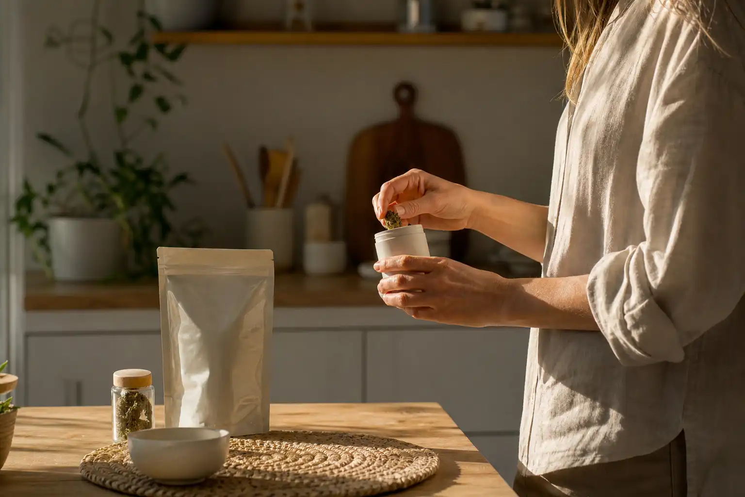 Quelqu'un manipule un objet, autour de curaleaf annonce opa, dans une cuisine.