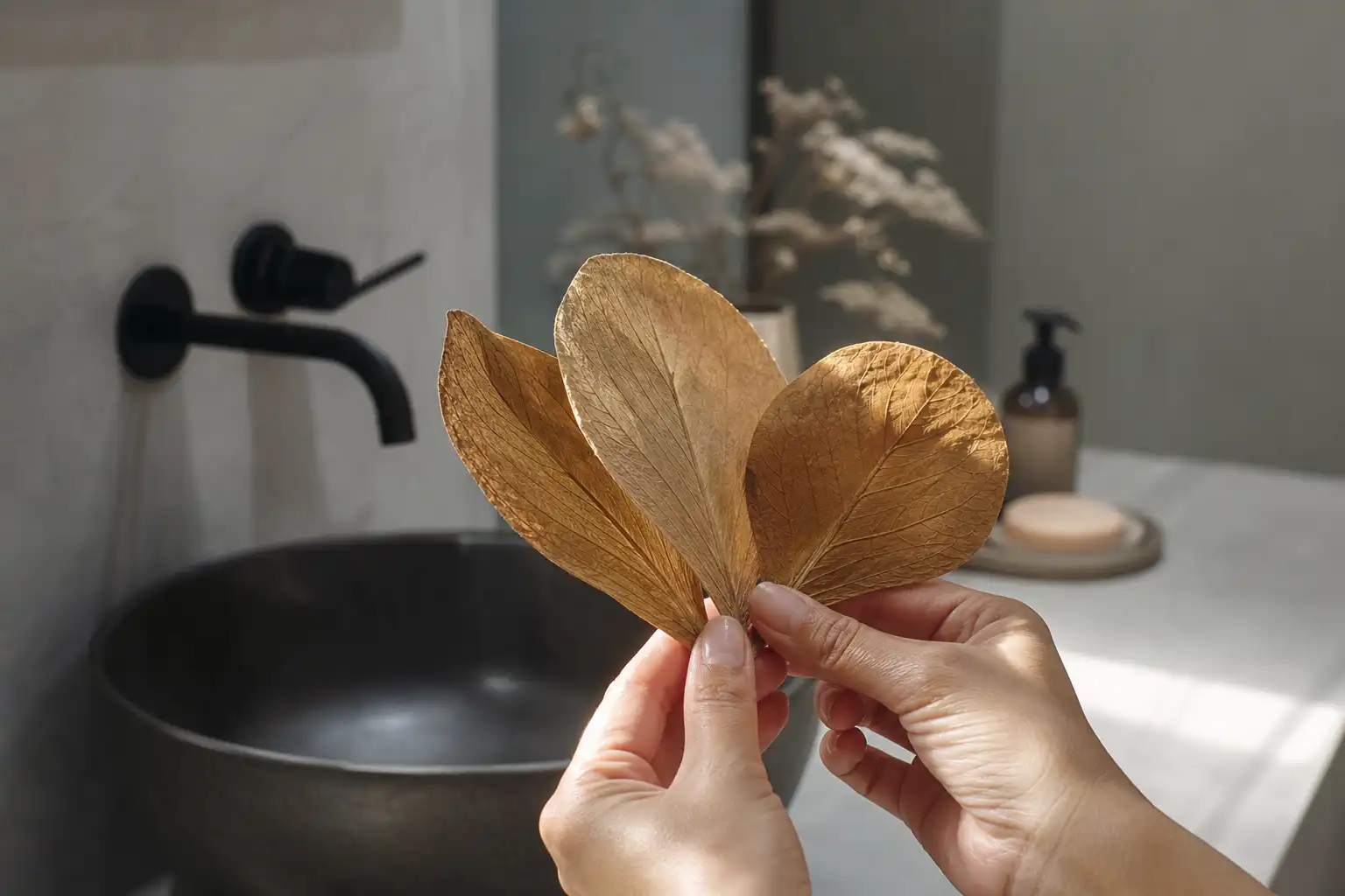 Des mains disposent un objet, autour de trois feuilles coupe, dans une salle de bain.