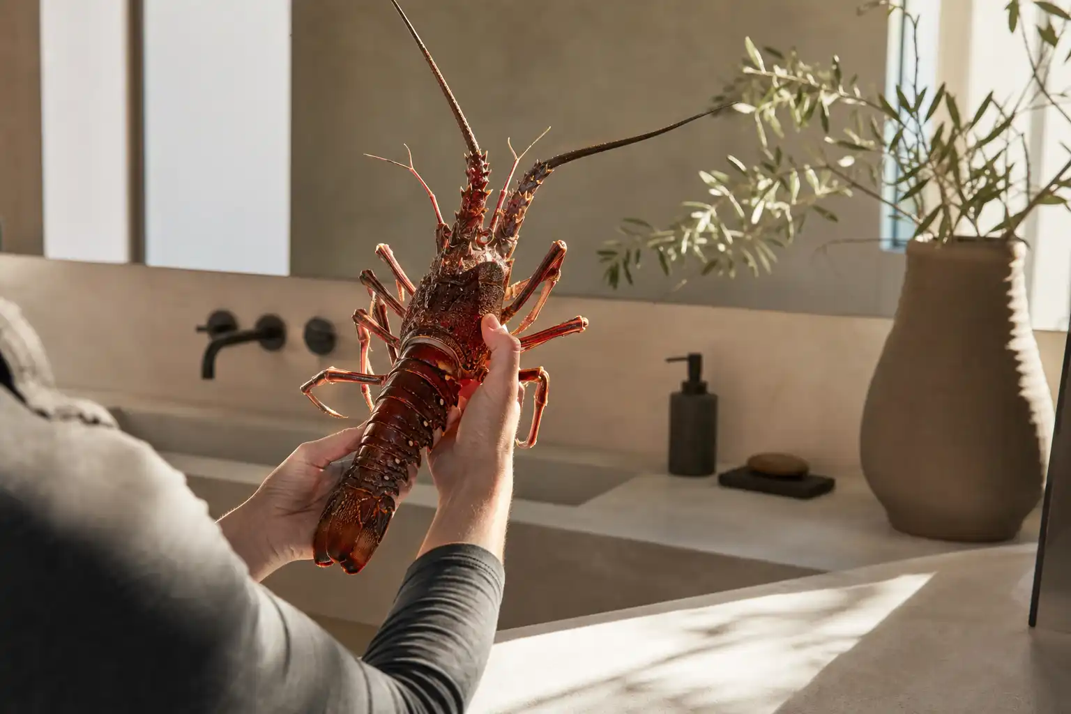 Quelqu'un examine un objet, autour de congrès américain rescousse, dans une salle de bain.