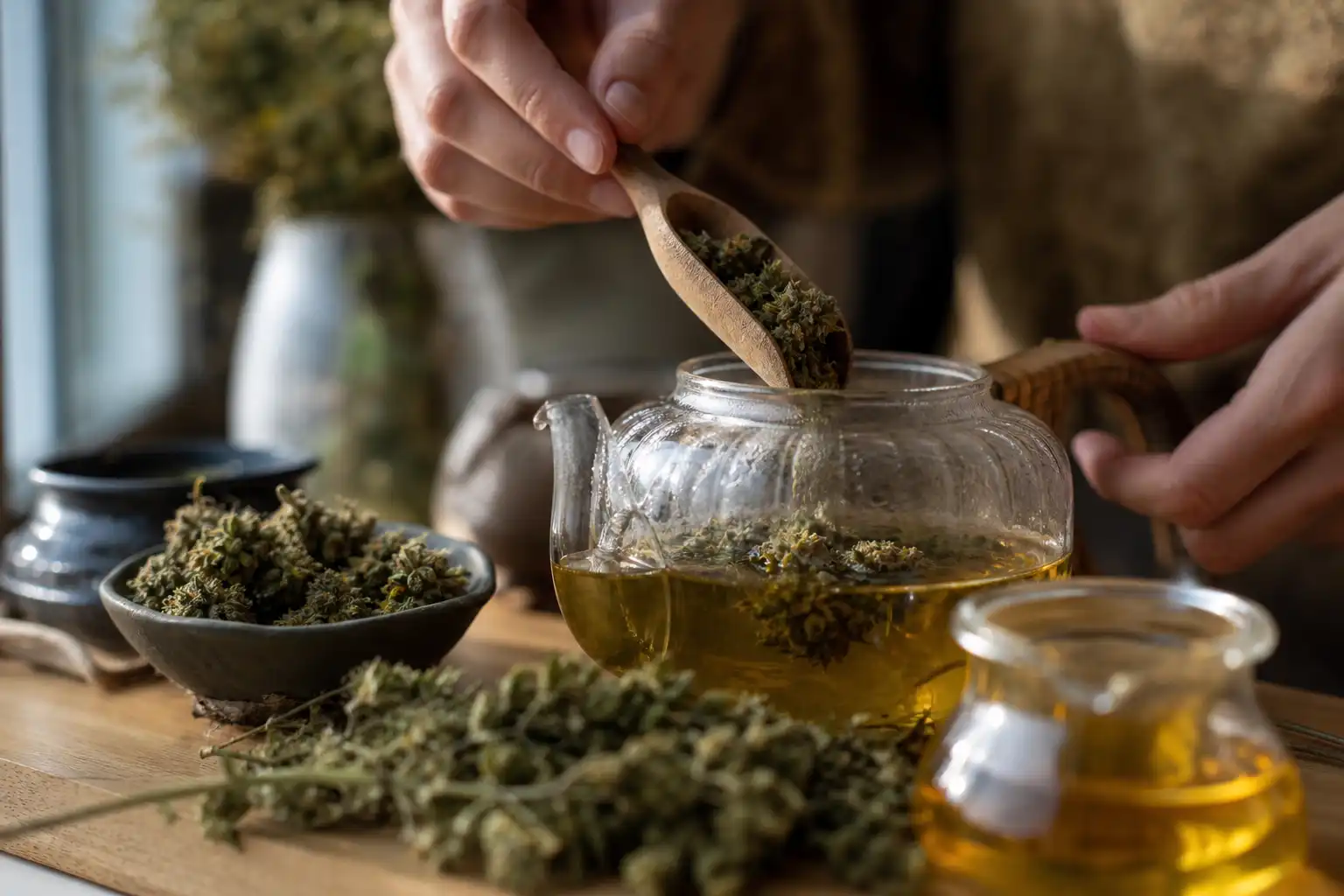 Des mains préparent quelque chose, autour d'une infusion de chanvre et ses fleurs séchées, près d'une fenêtre.